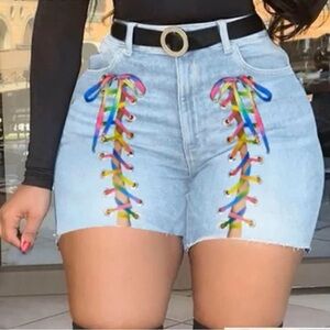 High Waist Colorful Lace-Up Stretchy Bandage Light Denim Jean Shorts Size S